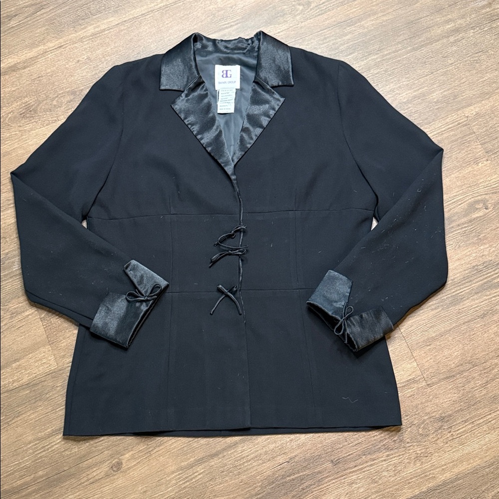 Bahari Group black blazer w/ satin collar and cuffs, featuring a lace-up